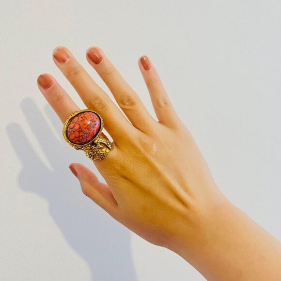 Yves Saint Laurent YSL 5 Arty Orange Coral Cabochon Limited RARE 24k Gold Ring - Picture 2 of 14